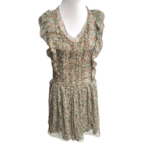 Zadig & Voltaire Rimana Ruffle Cap Sleeve Silk Dress Green Blue Maroon Size XS - Picture 1 of 11